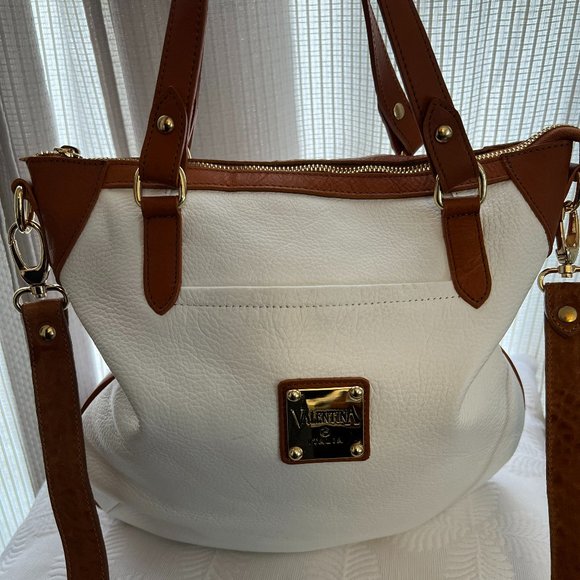 Valentina Handbags - *Like New* VALENTINA White Brown Leather Bag Shoulder Strap Purse Gold Zipper